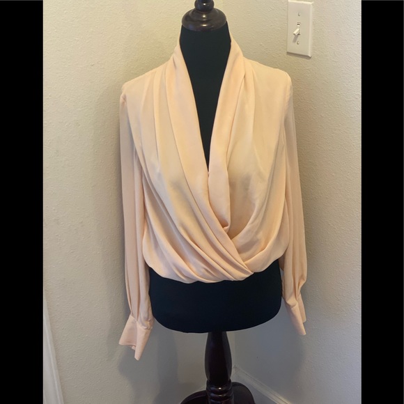 Boston Proper Drape Front Wrap Blouse Plunge Neck Top Peach Biscotti 8 $79 - Picture 2 of 7